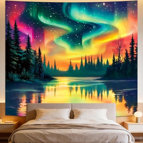 Apdidl Forest Space Tapestry for Bedroom, Large Nature Ceiling Tapestries | Galaxy Night Starry Sky Colorful Wall Hanging, Northern Aurora Landscape Tree Backdrop Decor for Living Room Boys (51"X60") - color: Wall Tapestry Aurora, size: 60"L x 51"W