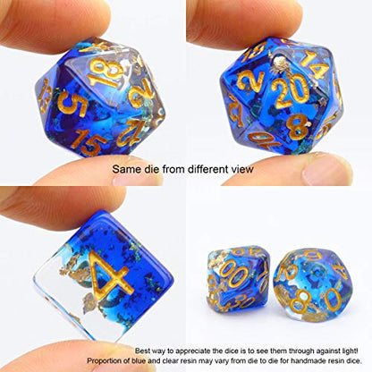 Haxtec DND Dice Set 7PCS Polyhedral D&D Dice for Roleplaying Games, Blue Clear Gold Foil Resin Dice with Velvet Pouch for Dungeons and Dragons, Great DND Gift for Gamers & DM Masters - color: Blue Clear