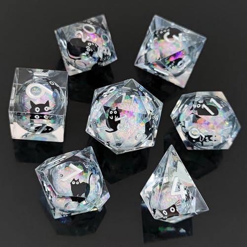 Liquid Core DND Dice Set, 7 Pcs Resin Sharp Edge Polyhedral Dice Quicksand Cat D&D Dice for Dungeons and Dragons RPG Role Playing Table Games - color: White