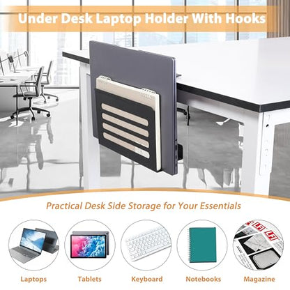 Space Saving Desk Side Storage No Drilling Under Desk Laptop Holder with Headphone Holder Cable Management Tray Carbon Steel Clamp Desk Storage Shelf Anti-Slip Magazine Holder for Home Office