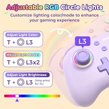 IINE Wireless Controller for Switch/PC/Android/IOS, Cute Gamepad with RGB Lights, Mini Pro Controller with Turbo/Macro/NFC Amiibo/Motion Sensor/Wake-Up/Rumble (Purple) - color: Purple
