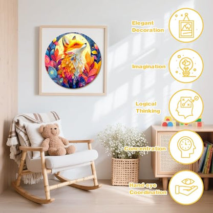 Animal Wooden Puzzles for Kids - Red Fox (11.4 * 11.4 in) | 50 Piece Puzzles for Kids Ages 6-8, Kids Puzzles with Unique Animal Shapes, Round Gift for Girls and Boys - color: Red Fox