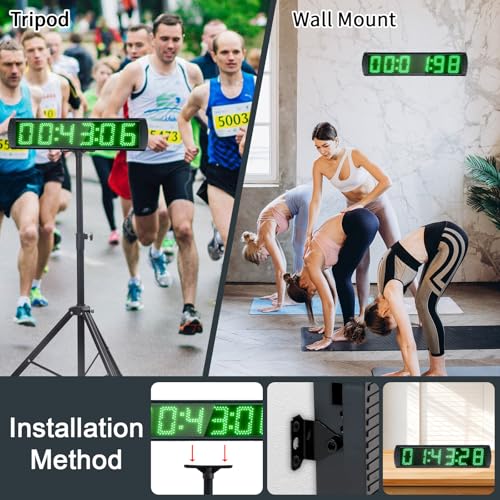 Large LED Display Digital Race Timer with Battery,Function-Countdown/Up/Time Clock, Remote Control, Tripod Stand and Adjustable Brightness for Sports Events, Races, Meetings, Presentations - style: non-waterproof +green