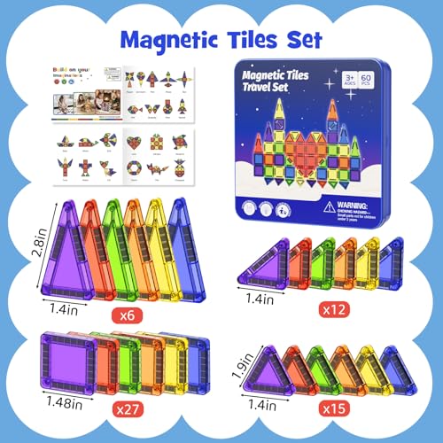 Mini Magnetic Tiles Travel Kit: 60Pcs Airplane Activities & Road Trip Toys | Visual Storage Box & Metal Play Base - Portable STEM Sensory Building Blocks for Toddlers & Kids Ages 3-8 - style: Mini Magnetic Tiles Travel Construction Set - 60PCS