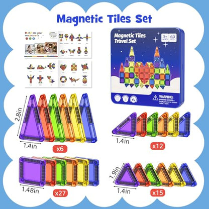 Mini Magnetic Tiles Travel Kit: 60Pcs Airplane Activities & Road Trip Toys | Visual Storage Box & Metal Play Base - Portable STEM Sensory Building Blocks for Toddlers & Kids Ages 3-8 - style: Mini Magnetic Tiles Travel Construction Set - 60PCS