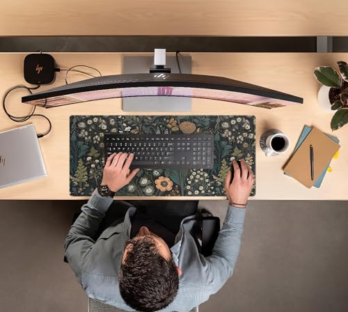 Dark Flower Desk Mat Floral Plants Mouse Pad, Aesthetic Wildflowers Large Gaming Mousepad Desk Pad, XXL Keyboard Mouse Mat Full Desktop Mat Women Office Desk Accessories Cover Mat 31.5"x15.75" - color: Dark Black Brown Flowers