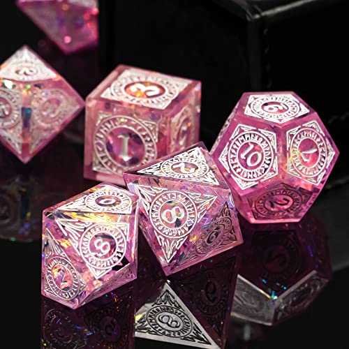 Cusdie 7-Piece Polyhedral DND Dice Set with Sharp Edges, Handcrafted Dice Featuring Rune-Inspired Designs for Role Playing Games (Pink) - color: Pink Pattern-pink White