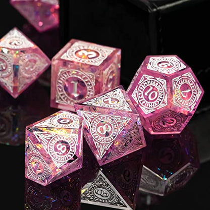 Cusdie 7-Piece Polyhedral DND Dice Set with Sharp Edges, Handcrafted Dice Featuring Rune-Inspired Designs for Role Playing Games (Pink) - color: Pink Pattern-pink White