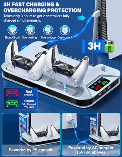 PS5 / PS5 Slim Cooling Station with Controller Charging Station for PlayStation 5 Console Disc/Digital, Cooling Stand for PlayStation 5 Slim with Cooler Fan Accessories with 3 USB Hubs/Headset Holder - color: White