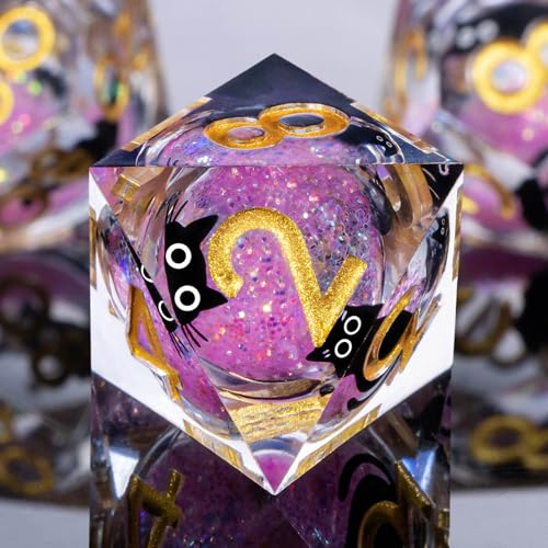 Roycevon Resin DND Dice Set with Gift Box, 7Pcs Liquid Core Cat D&D Dice, Cute Dungeons Dragons D and D Dice, Sharp Edge Role Playing Game Dice D20 D12 D10 D8 D6 D4, Pink - color: Pink
