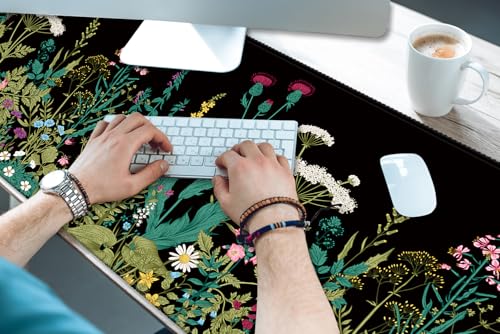 XXL Waterproof Office Desk Pad Protector 35.4x15.7 Inch - Extended Gaming Mouse Pad with Non-Slip Rubber Base, Thickened Keyboard Mat, Stitched Edges & Weeds Design - color: A-black