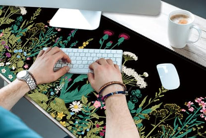 XXL Waterproof Office Desk Pad Protector 35.4x15.7 Inch - Extended Gaming Mouse Pad with Non-Slip Rubber Base, Thickened Keyboard Mat, Stitched Edges & Weeds Design - color: A-black