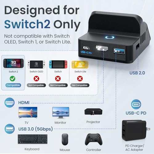 PORTHOLIC Docking Station for Nintendo Switch 2, Portable TV Dock with 4K@60Hz HDMI Output, 60W PD Charging, USB 3.0 & USB 2.0 Ports, One-Touch Mode Switch, 3-Angle Travel Charging Stand