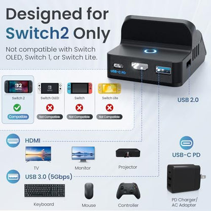 PORTHOLIC Docking Station for Nintendo Switch 2, Portable TV Dock with 4K@60Hz HDMI Output, 60W PD Charging, USB 3.0 & USB 2.0 Ports, One-Touch Mode Switch, 3-Angle Travel Charging Stand