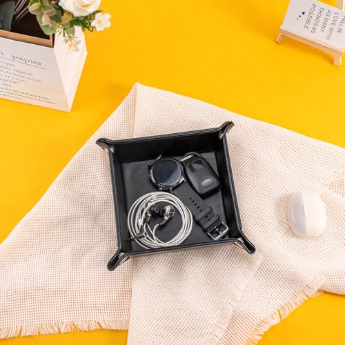 PU Leather Valet Tray for Mens and Women Catchall Tray for Keys,Watch,Jewelry Small Nightstand Bedside and Entry Table Tray Gift for Dad Husband (Black)
