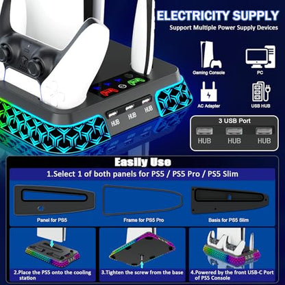 PS5/Slim/Pro Cooling Station for PlayStation 5 Console, PS 5 Cooling & Charging Station with RGB, PS 5 Controller Charger Incl. 3 Level Fan,Headset, PS5/Slim/Pro Accessories Comes 3 USB Ports - color: Y Style-Black