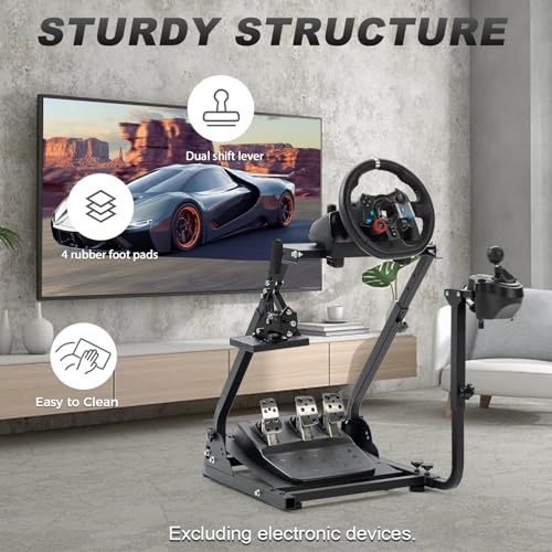 Hottoby Racing Steering Wheel Stand Foldable & Dual Shift Levers Fit for Logitech G25 G27 G29 G920 G923, for Thrustmaster T150 T248 T300 Multi-level Easy Storage & Install Cockpit,No Wheel & Pedals
