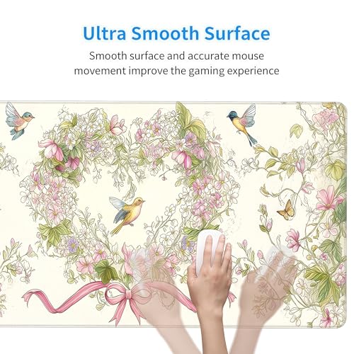 Floral Heart Pattern XXL Mouse Pad, Desk Mat with Non-Slip Base, Pink Keyboard Mat with Stitched Edges 35 x 15.8 inches - color: Floral Bow