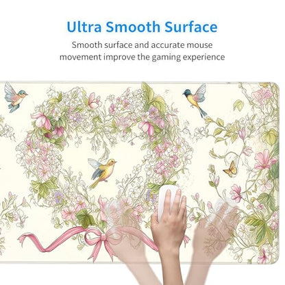 Floral Heart Pattern XXL Mouse Pad, Desk Mat with Non-Slip Base, Pink Keyboard Mat with Stitched Edges 35 x 15.8 inches - color: Floral Bow
