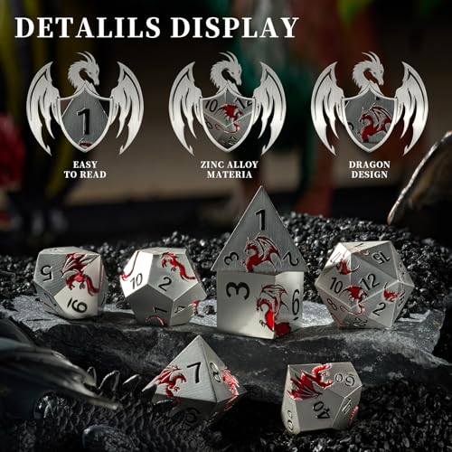 Matte Silver Red Dragon Metal Dice Set,7 PCS Heavy Zinc Alloy DND Dice with Magnetic Gift Box for Tabletop RPG & D&D Games (Silver Red Dragon) - color: Matte Silver With Red