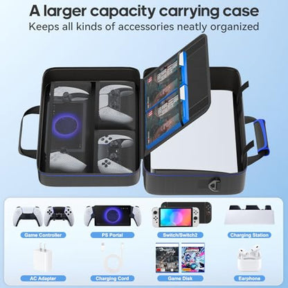 Carrying Case Compatible with PS5/Slim/Pro Disc & Digital, P S5 Travel Case for Play 5 Controllers, PS Portal, Game Discs, PS 5 Protective Travel Bag Play 5 Carry with Zipper Pocket, Black and Blue - color: Black & Blue