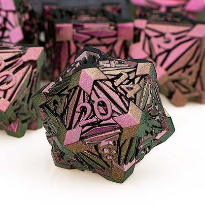 7PCS Metal DND Dice Set with Box, Debris RPG Purple Red D and D Dice for use with D&D Tabletop Games Role Playing Game Polyhedral Dice Set D20 D12 D10 D8 D6 D4 - color: Red