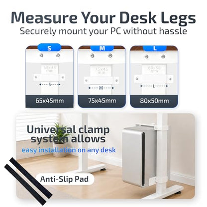 DEHAGLOBAL Clamp Mount Under Desk Pc Mount, Adjustable Height and Width No Drilling 50 lb Capacity with Non-Slip Pads & Cable Organizer for Standing Desk (White, 65mmx45mm)