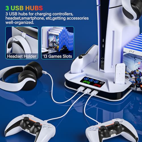 PS5/Slim/Pro Cooling Station with Controller Charging Station for Playstation Console Playstation 5 Slim&Standard Disc/Digital Console, PS5 Pro Stand Cooler Accessories Incl Cooling Fan/3 USB Hubs - color: White
