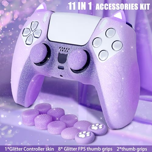 Purple Cat Glitter Anti-Slip Protective Silicone Cover Skin Grips Compatible with PS5/Slim/Pro Controller,8 PCS Glitter Thumb Grips Caps and 2 Paw Grips Caps. (Cat Purple) - color: Cat Purple