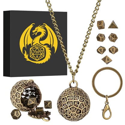 Mini DND Dice Set with Spherical 100-Sides Metal Cage Portable Keychain Necklace, Tiny 7pcs Polyhedral D&D Dice Set, DND Gifts with Gift Box, D&D Accessories for RPG, Bronze
