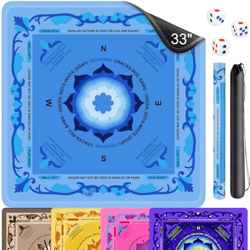 Neoprene Mahjong Mat with Rules, 33 x 33 in, Non-Slip, Blue | Noise-reducing table mat with carrying bag and 3 dice; for cards, poker, board games, tile games and dominoes - color: 33" Blue, size: 33"