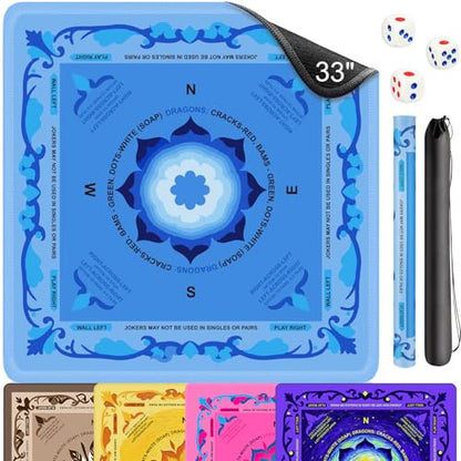 Neoprene Mahjong Mat with Rules, 33 x 33 in, Non-Slip, Blue | Noise-reducing table mat with carrying bag and 3 dice; for cards, poker, board games, tile games and dominoes - color: 33" Blue, size: 33"