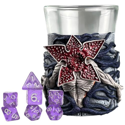 Stranger Things: Mini Dice Cup - Demogorgon - 7pc Purple & White Polyhedral Set, Detailed Character Sculpt On Glass Cup, Collectible RPG Accessories - style: Demogorgon