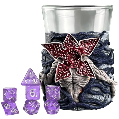 Stranger Things: Mini Dice Cup - Demogorgon - 7pc Purple & White Polyhedral Set, Detailed Character Sculpt On Glass Cup, Collectible RPG Accessories - style: Demogorgon