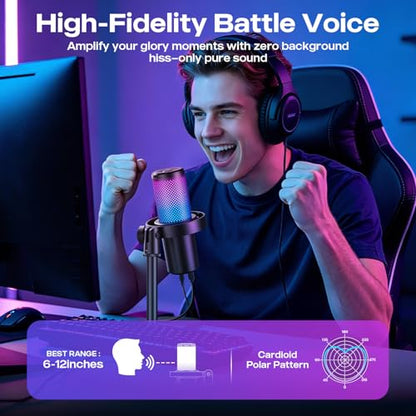 USB Gaming Microphone for PC - 96kHz/24-bit Studio Quality Cardioid Condenser Mic with Mute Button, Gain Control & 3.5mm Headphone Jack - Plug & Play for Streaming, Podcast, Twitch, PS5