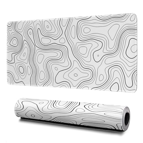 Topographic Contour Gaming Mouse Pad White Large Mouse Pad for Keyboard and Mousepad Desk Mat with 3mm Non-Slip Base and Stitched Edge for Gaming and Office Computer Mat Protector Mat 31.5x11.8 Inch - color: White Topographic Contour