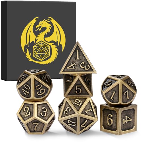 Metal Dice Set, 7pcs Polyhedral Metal DND Dice Set, DND Starter Set, D&D Gifts with Gift Box, Role Playing Board Games Accessories, Bronze - color: Bronze + Gift Box