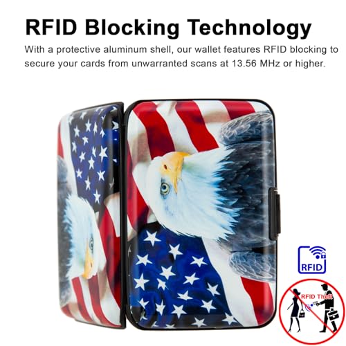 Credit Card Holder Small RFID Blocking Wallet Business Metal Slim Mini Aluminum Hard Case for Women Men - color: Bald Eagle American Flag