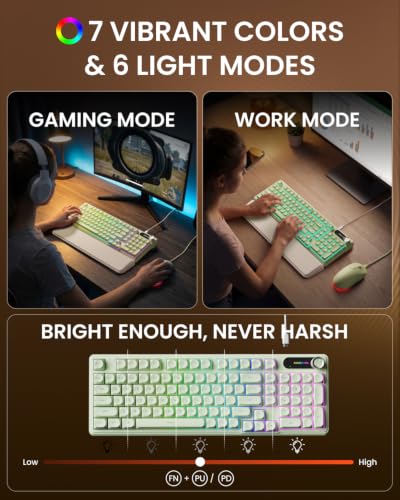 EWEADN Wired Keyboard and Mouse Combo with Detachable Wrist Rest, Quiet Ergonomic Keyboard Mouse Set with Multimedia Knob, RGB Backlit, Double-Shot Keycaps Natural Typing for Laptop, PC - Green - color: Green