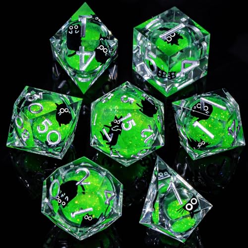 Roycevon Resin DND Dice Set with Gift Box, 7Pcs Liquid Core Cat D&D Dice, Cute Dungeons Dragons D and D Dice, Sharp Edge Role Playing Game Dice D20 D12 D10 D8 D6 D4, Green - color: Green
