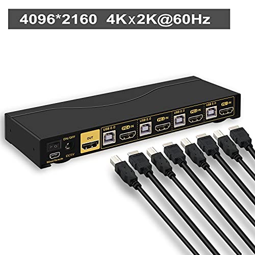 KVM Switch HDMI 4 Port wit Audio and 4 kit Cables, 4 Port HDMI KVM Switch Support 4K@60Hz 4:4:4, EDID, Hotkey Switching