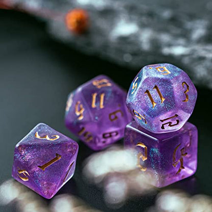 7-Die DND Dice Set Polyhedral Dice Set with a Leather Dice Bag, D&D Dice Set for RPG Table Games (Purple/G) - color: Purple/G