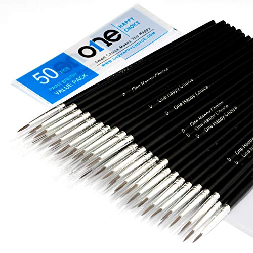 50 Pcs Fine Detail Synthetic Paint Brush Set, Pointed Round Size #0 Medium | Extra Fine Tip for Miniature, Scale Model, Figurine, Rock & Nail Painting with Acrylic Watercolor Oil Gouache Enamel & Ink - size: Size #0 (Medium)