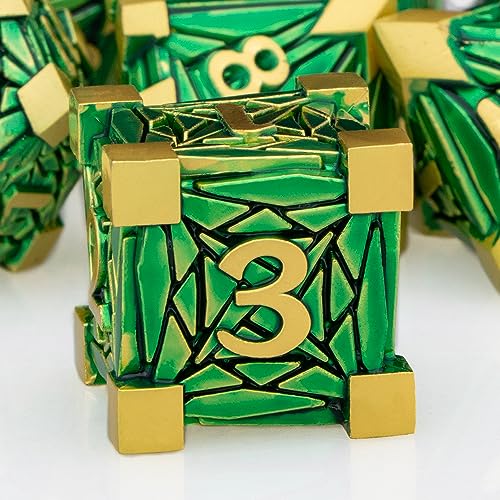Metal DND Dice Set with Box, Debris RPG Green Golden D and D Dice for use with D&D Tabletop Games Role Playing Game Polyhedral Dice Set D20 D12 D10 D8 D6 D4 - color: Green Gold