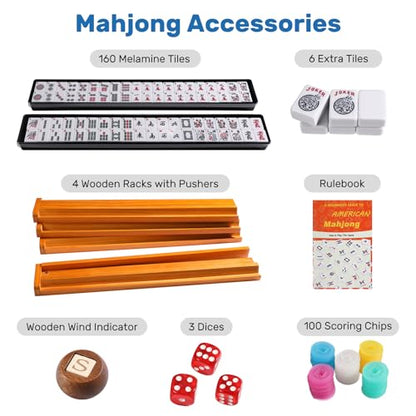 American Mahjong Tile Set, 166 White Tiles & 4 All-in-One Wooden Racks with Pushers, Mah Jongg Game Sets with Blue Mahjong-Themed Carrying Bag - color: Blue