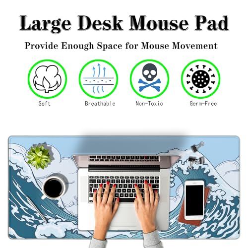 Big Mouse Pad Blue and White, Great Wave Desk Mouse Pads Office Desk Pads, Extra Large Gaming Mouse Pad Non-Slip Rubber Base Waterproof with Stitched Edges, 35.4 X 15.7 inch Japanese Wave - color: Japanese Wave