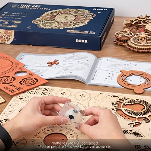 ROKR 3D Wooden Puzzles for Adults-Wooden Clock Puzzle Kit-Wood Model Kits to Build for Adults-Zodiac Wall Clock