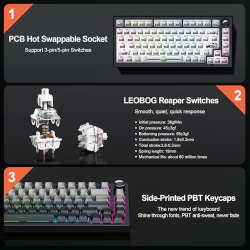 Gurjot Wireless Mechanical Keyboard, 75% Hot Swappable Custom Keyboard with Knob,PBT Keycaps,BT5.0/2.4GHz/USB-C,RGB Backlit, Mechanical Gaming Keyboards for PC/Tablet/PS/Xbox - color: Black gradient gray