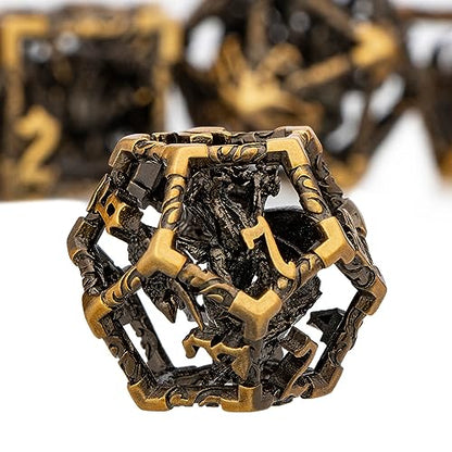 ARUOHHA Hollow DND Dice Set Antique Gold 5-Headed Dragons D and D Dice with Gift Box, Role Playing Games 7PCS RPG Metal Dungeons Polyhedral Dice D20 D12 D10 D8 D6 D4 - color: Ancient Gold-02