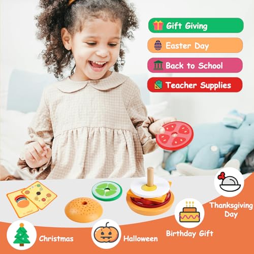 Wooden Burger Stacking Toys Montessori Toys For Toddlers Preschool Education Activity Board Game Early-Education Matching Speed Race Pretend Toy Food Back To School (Burger) - color: Burger